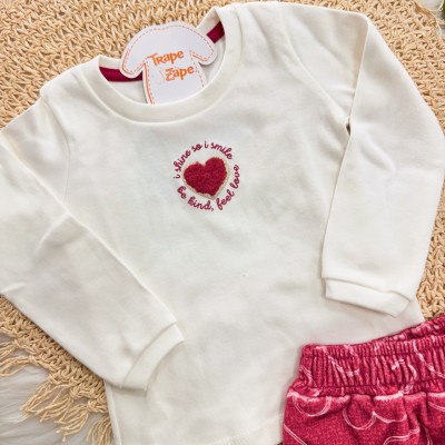 Conj. Blusa I Shine I Smile e Short Saia Corações em Plush - Off White e Vermelho